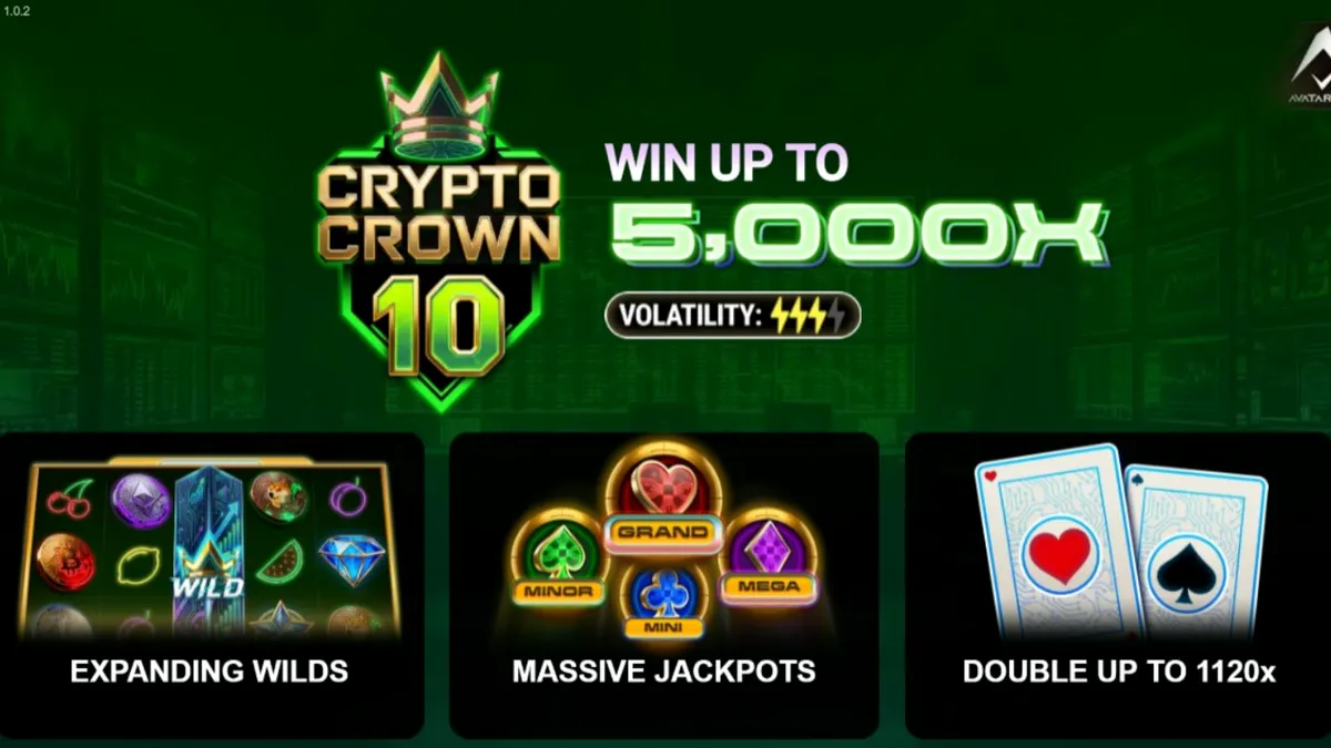 Crypto Crown 10 slot machine interface na may neon at crypto symbols